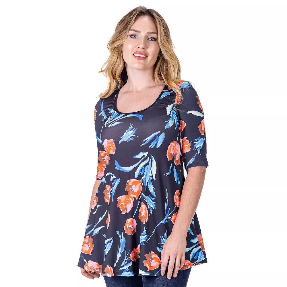 Women's 24Seven Comfort Apparel Black Tulip Print Elbow Sleeve Tunic Top, Size: Large, Blue Team Product Image