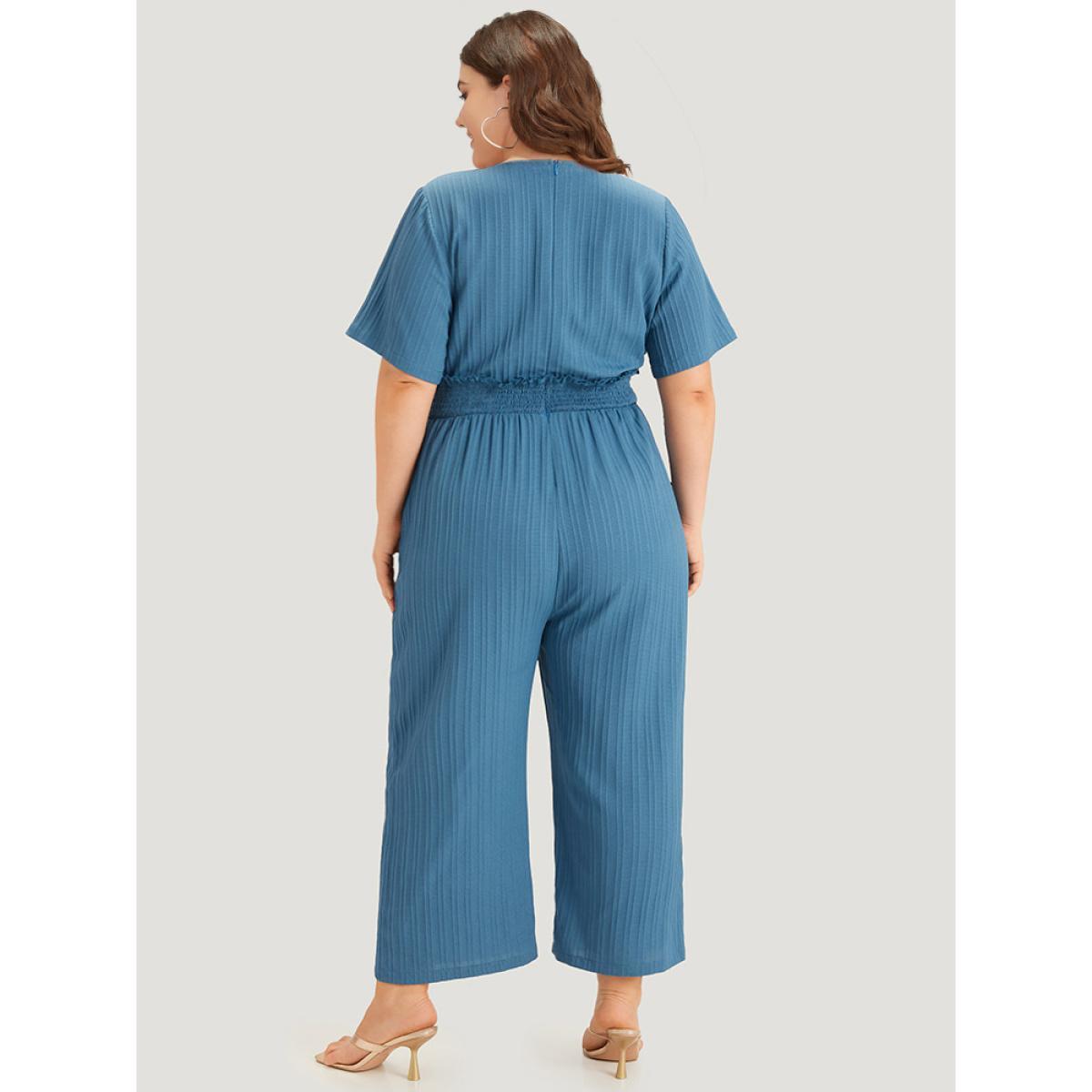 Plus Size Cerulean Textured Bowknot V Neck Shirred Pocket Jumpsuit Women Elegant Half Sleeve V-neck Dailywear Loose Jumpsuits BloomChic 18-20/2X Product Image