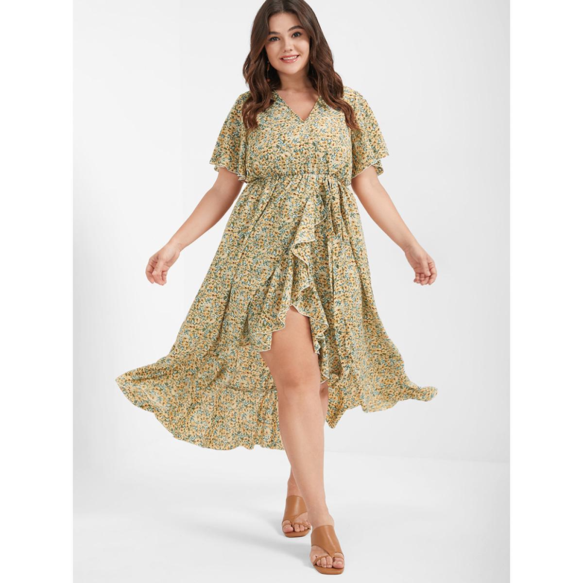 Plus Size Ditsy Floral Ruffles Ties Split V Neck Dress LightGreen Women Elegant Ruffles V-neck Short sleeve Curvy Midi Dress BloomChic 12/L Product Image