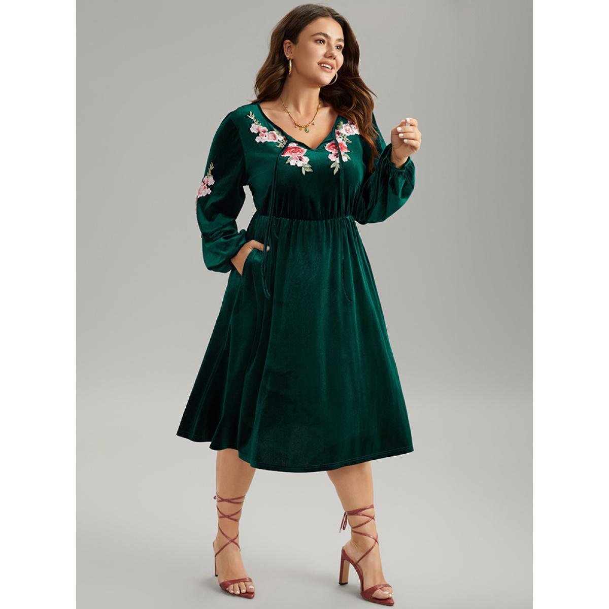 Plus Size Velvet Floral Ties Gathered Lantern Sleeve Dress DarkGreen Women Vacation Elastic cuffs Tie Neck Long Sleeve Curvy Midi Dress BloomChic 12/L Product Image