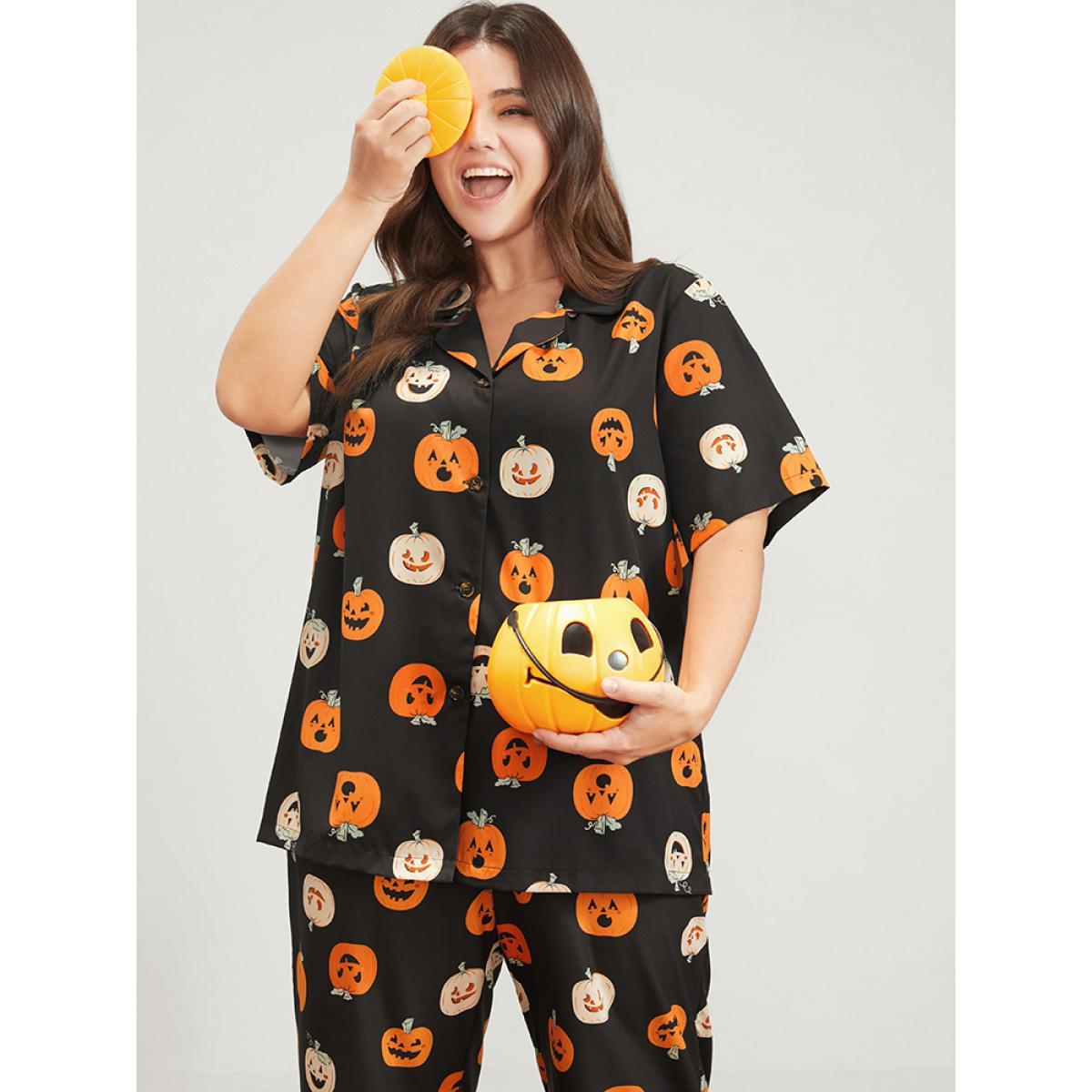 Plus Size Halloween Pumpkin Print Lapel Collar Button Pajama Set Women Black Graphic-Halloween Printed Short sleeve Lapel Collar Casual Loungewear Sets BloomChic 28/5X Product Image