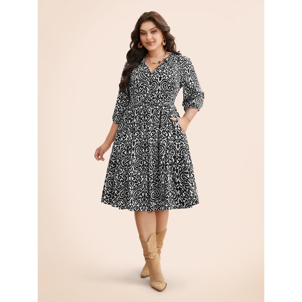 Plus Size Damask Print Tie Knot Puff Sleeve Dress BlackFlower Women Resort Tie knot V-neck Elbow-length sleeve Curvy BloomChic 14-16/1X Product Image