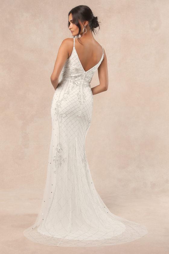 Ciella White and Silver Beaded Mermaid Maxi Dress Product Image