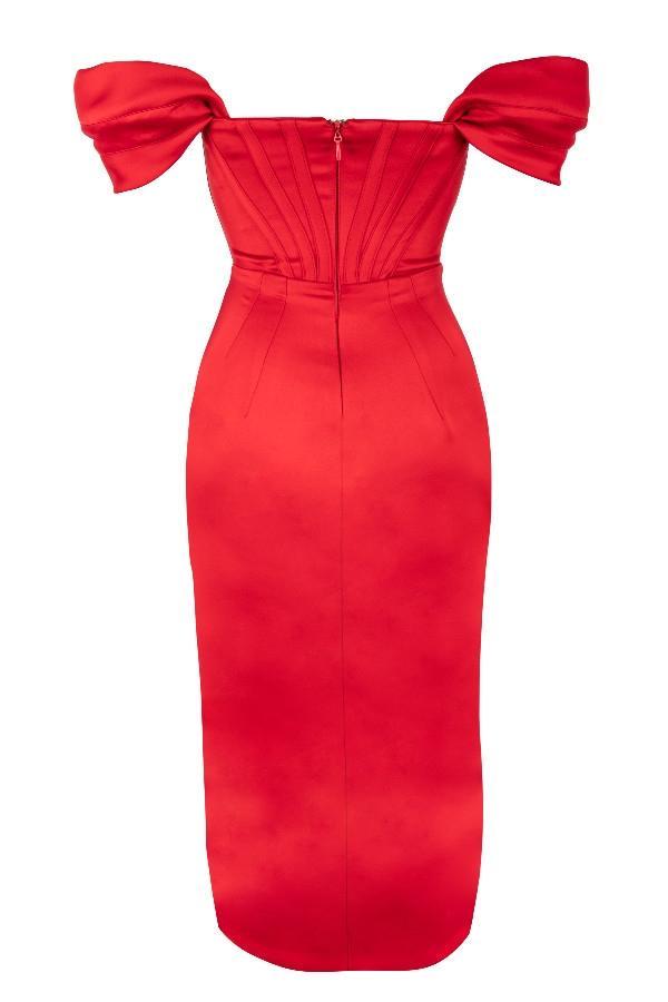 Loretta Red Satin Off Shoulder Dress Product Image
