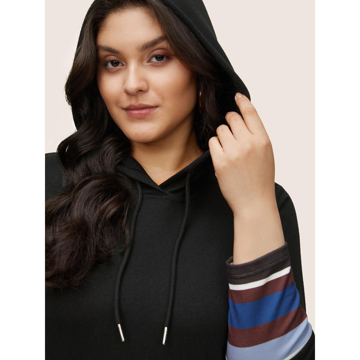 Plus Size Contrast Striped Flutter Hem Hooded Drawstring Dress Black Women Casual Gathered Hooded Long Sleeve Curvy Midi Dress BloomChic 12/L Product Image
