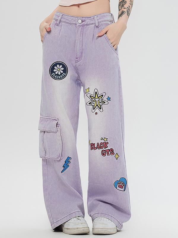 Graffiti Print Straight Cargo Jeans Product Image