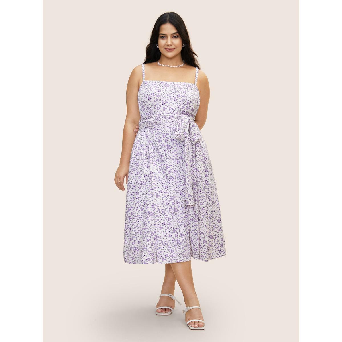 Plus Size Everywhere Dress - Ditsy Floral Belted Dress Lilac Women Elegant Belted Non Short sleeve Curvy BloomChic 30/6X Product Image