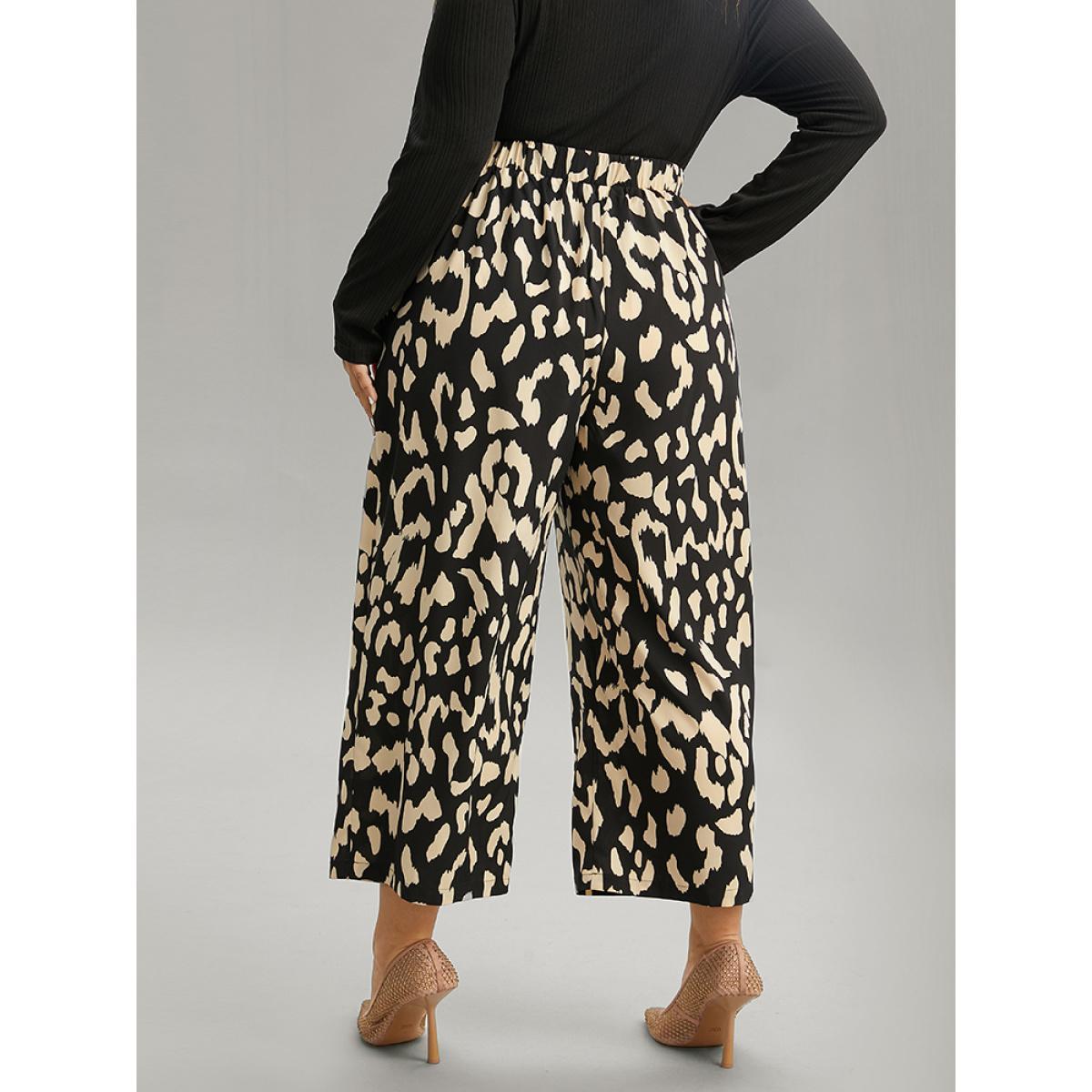 Plus Size Leopard Elastic Waist Ties Wide Leg Pants Women Black Casual Wide Leg High Rise Dailywear Pants BloomChic 26/4X Product Image