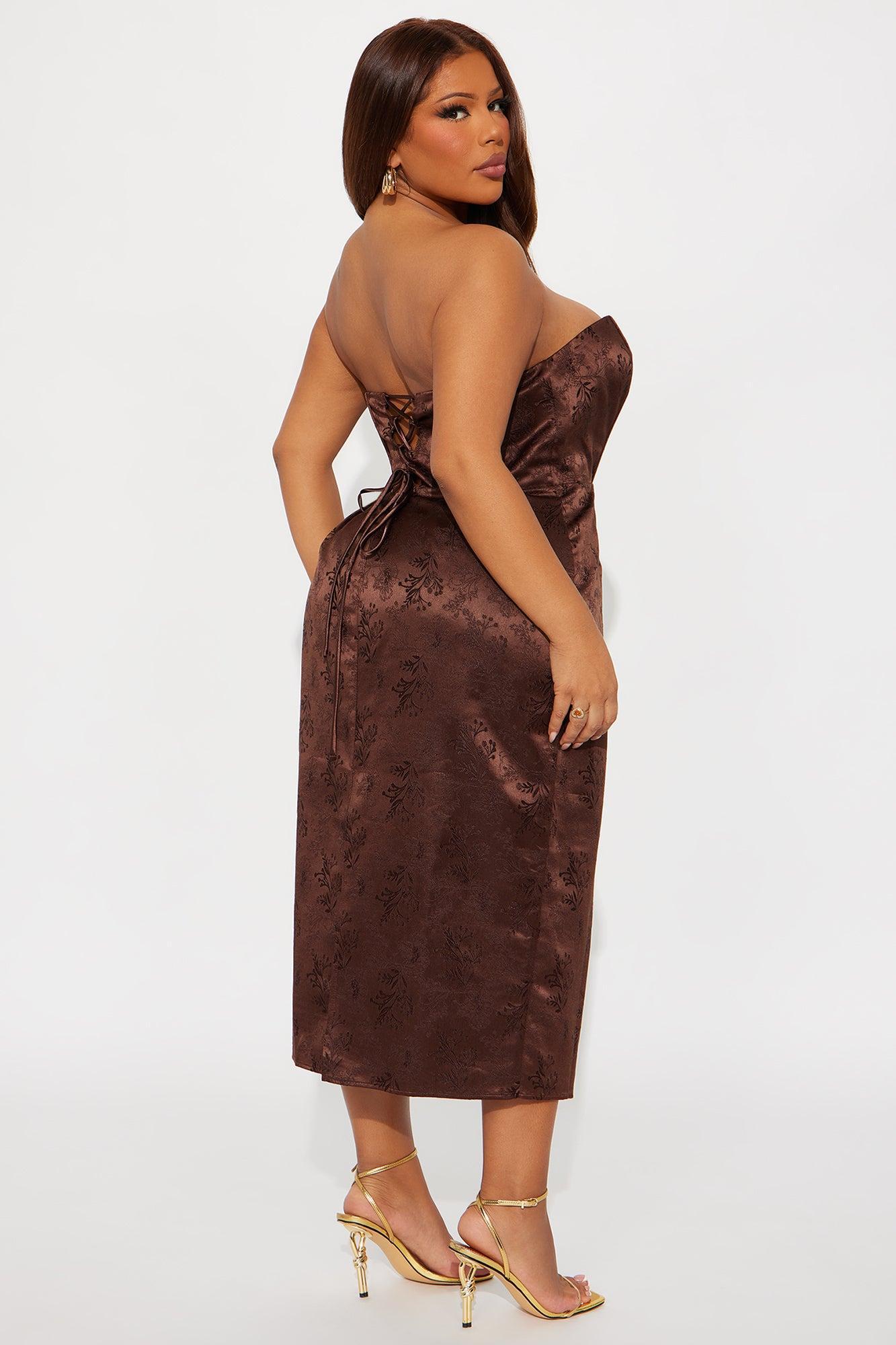 Elena Jacquard Midi Dress - Brown Product Image
