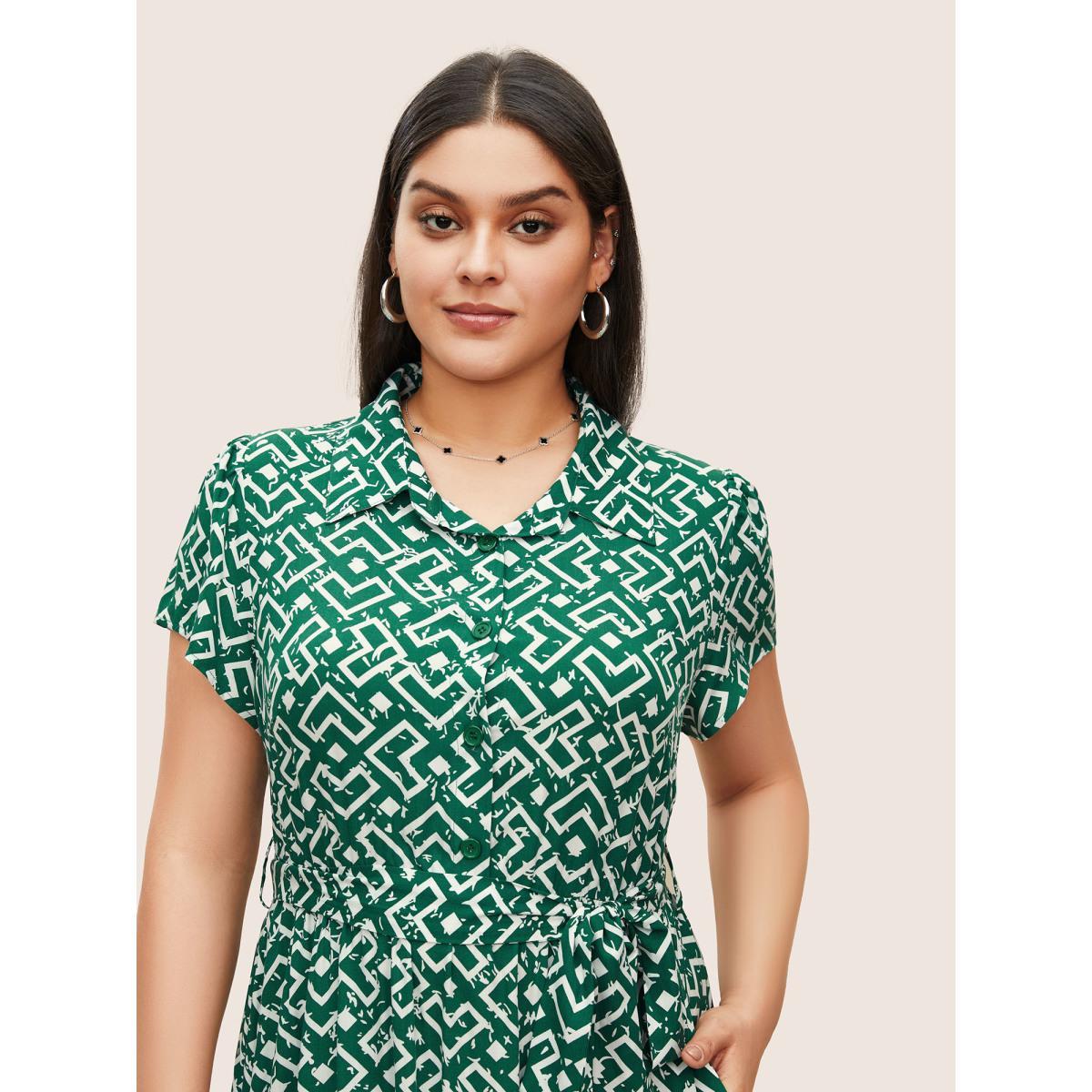 Plus Size Shirt Collar Geometric Button Up Belted Dress DarkGreen Women Work From Home Belted Shirt collar Cap Sleeve Curvy Midi Dress BloomChic 26/4X Product Image