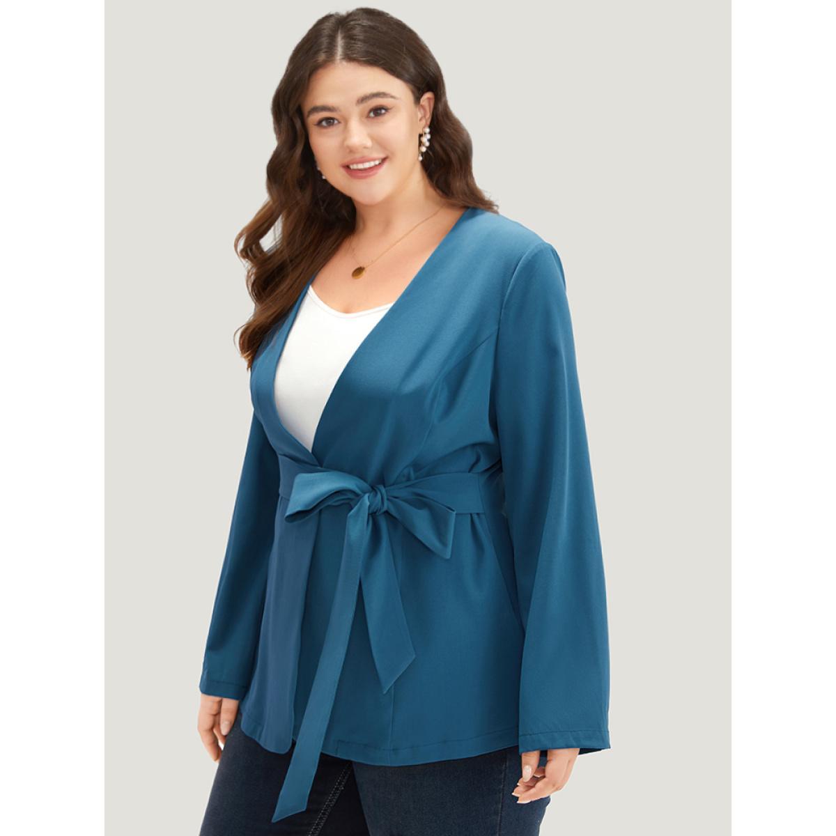 Plus Size Solid Belted Knot Blazer Cerulean Women Dailywear Plain Plain Sleeve Long Sleeve Open Front 12/L Belt Casual Blazers BloomChic Product Image