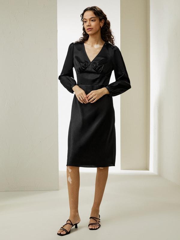 V-Neck Silk Waisted Dress Product Image