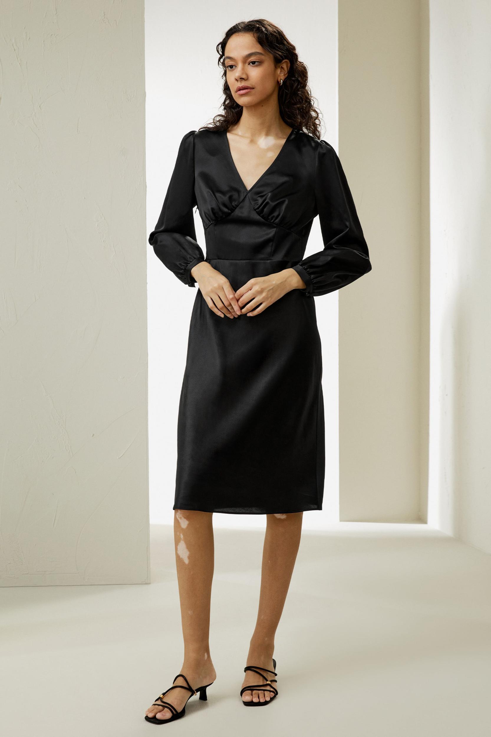 V-Neck Silk Waisted Dress Product Image