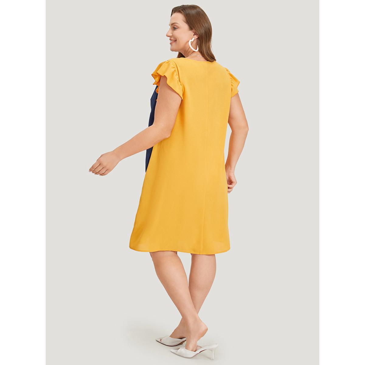 Plus Size Contrast Patchwork Pocket Ruffle Cap Sleeve Dress Multicolor Women Office Contrast Round Neck Cap Sleeve Curvy Knee Dress BloomChic 22-24/3X Product Image