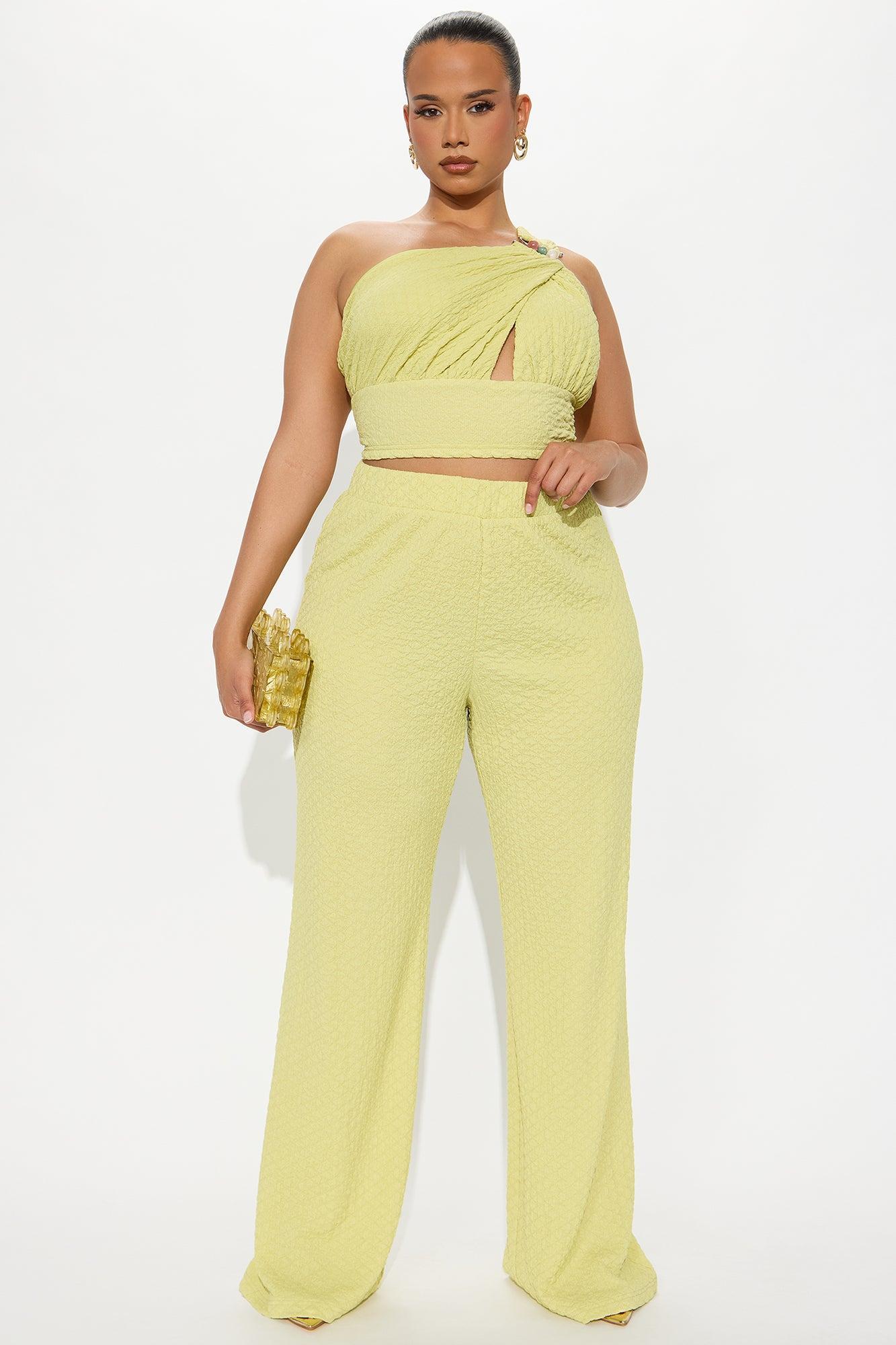 Aza One Shoulder Textured Flare Pant Set - Chartreuse Product Image