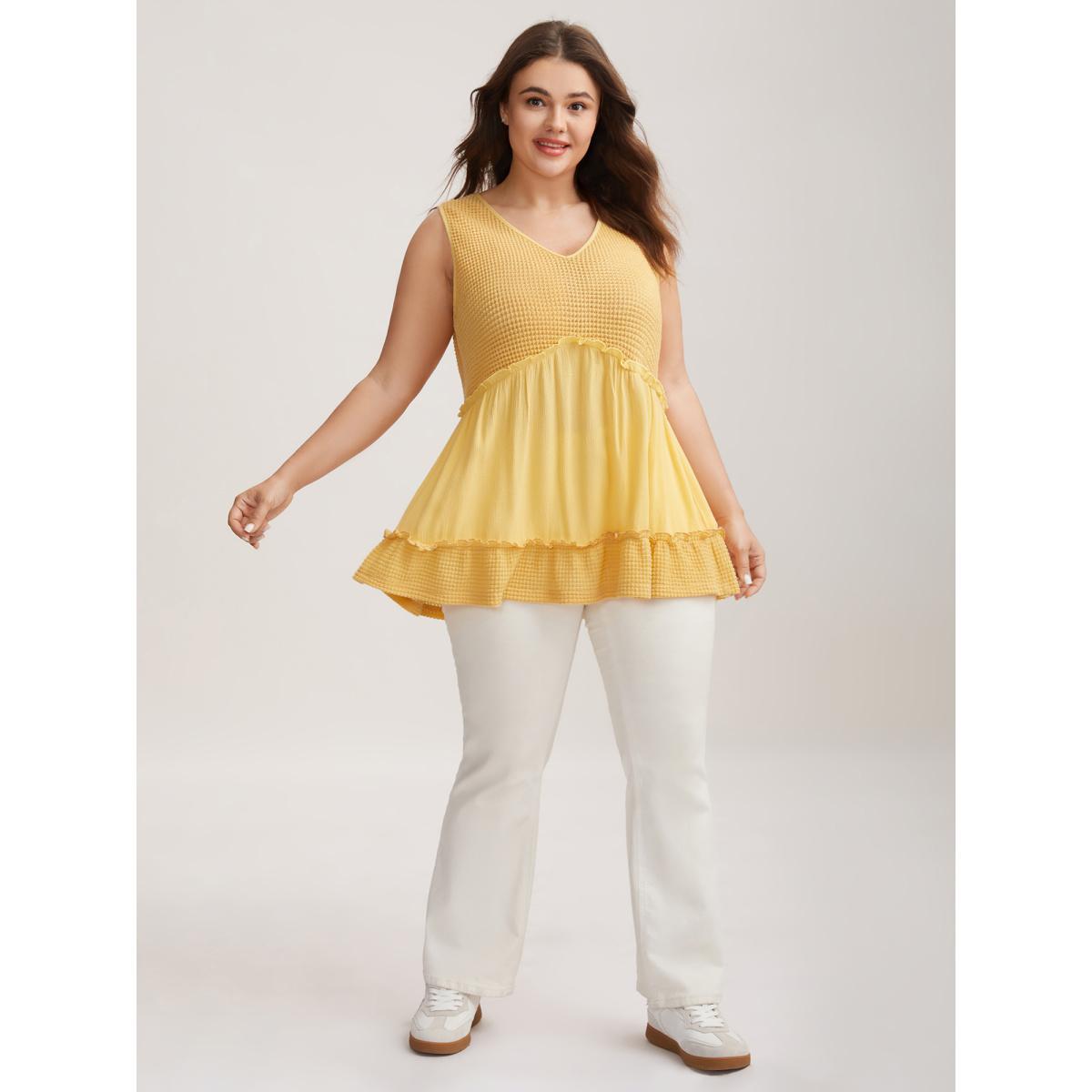 Plus Size Waffle Grid Spliced Ruffled Tank Top Women Lightyellow Texture V-neck Everyday-Casual Tank Tops Camis BloomChic 30/6X Product Image