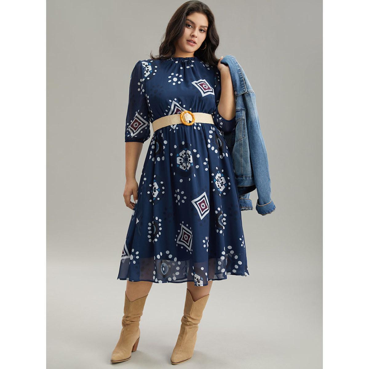 Plus Size Geometric Mesh Stand Collar Frill Trim Dress DarkBlue Women Vacation Elastic cuffs Stand-up collar Elbow-length sleeve Curvy Midi Dress BloomChic 22-24/3X Product Image