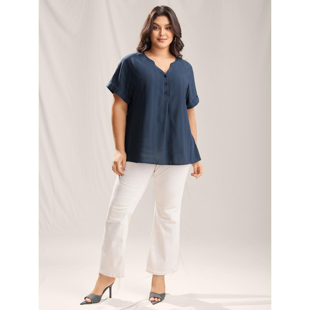 Plus Size Indigo Textured Half Placket Split Neck Shirt Women Short sleeve Flat collar with V-notch Work Blouses BloomChic 14-16/1X Product Image