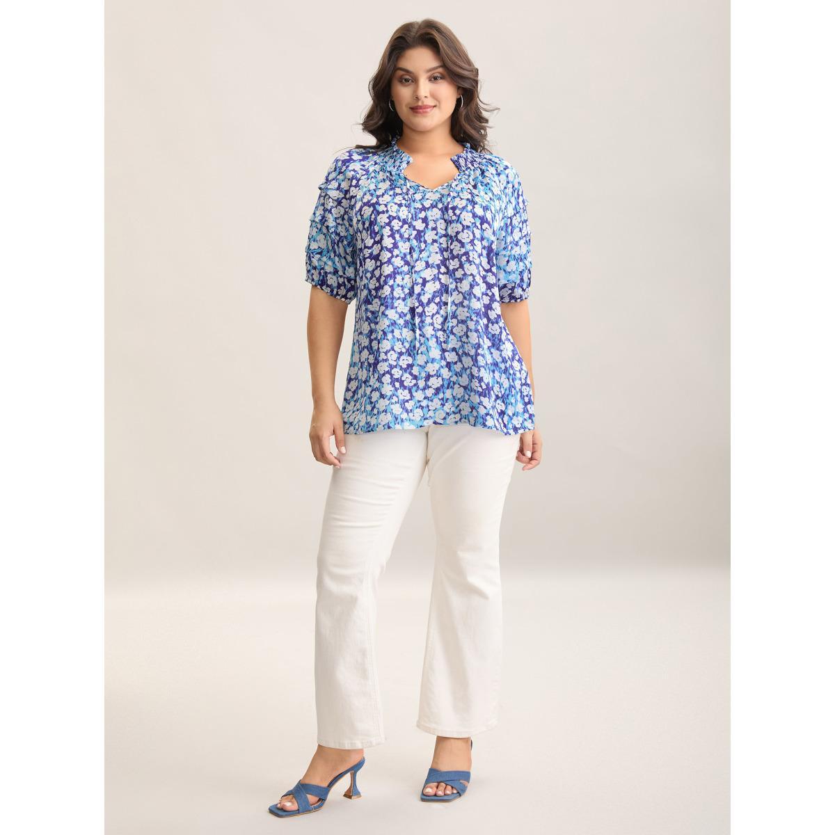 Plus Size Multicolor Cloud Print Shirred Collar Tiered Sleeve Blouse Women Half Sleeve Notched collar Everyday-Elegant Blouses BloomChic 28/5X Product Image