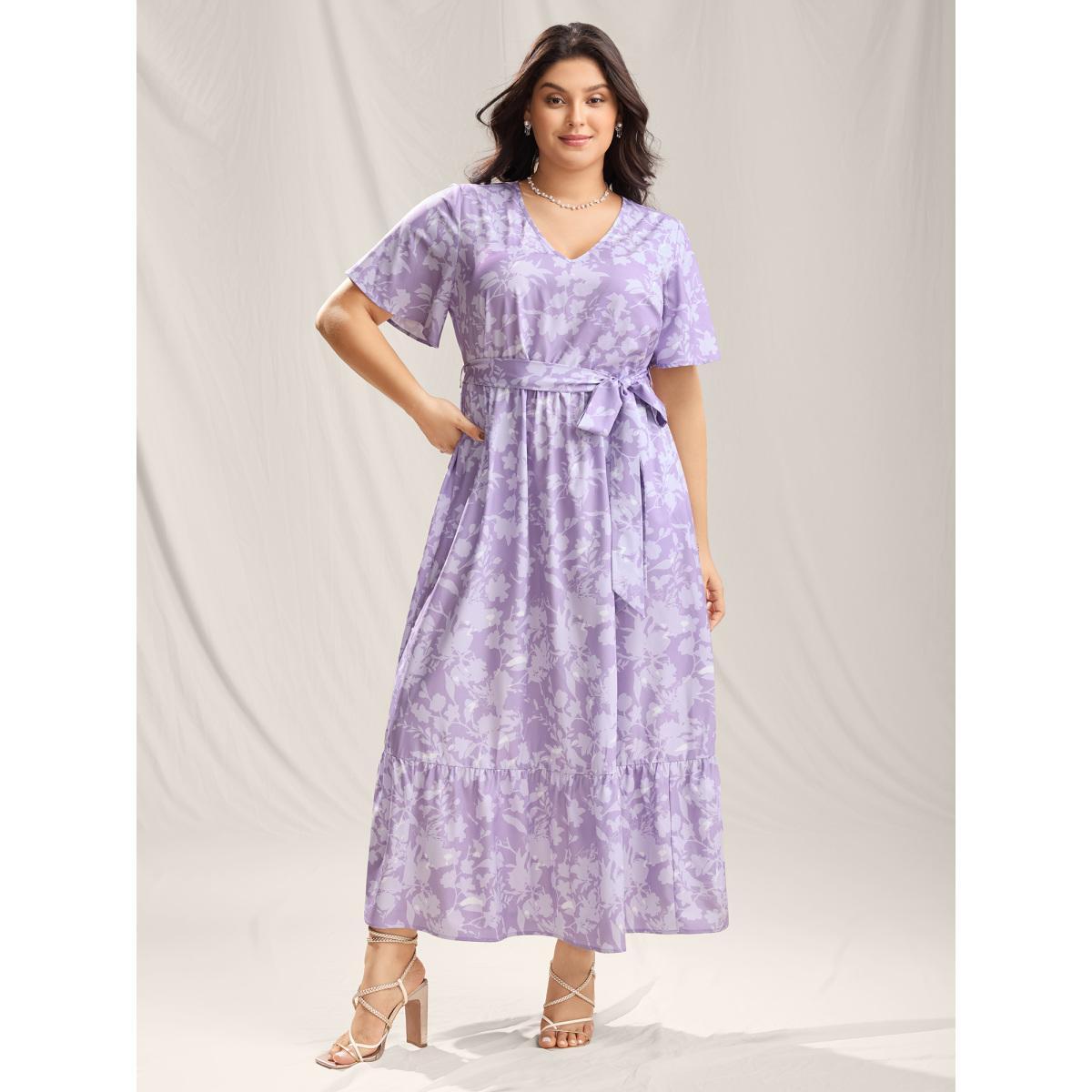 Plus Size Silhouette Floral Pockets Belted Maxi Dress Lavender Women V-neck Short sleeve Curvy BloomChic 18-20/2X Product Image