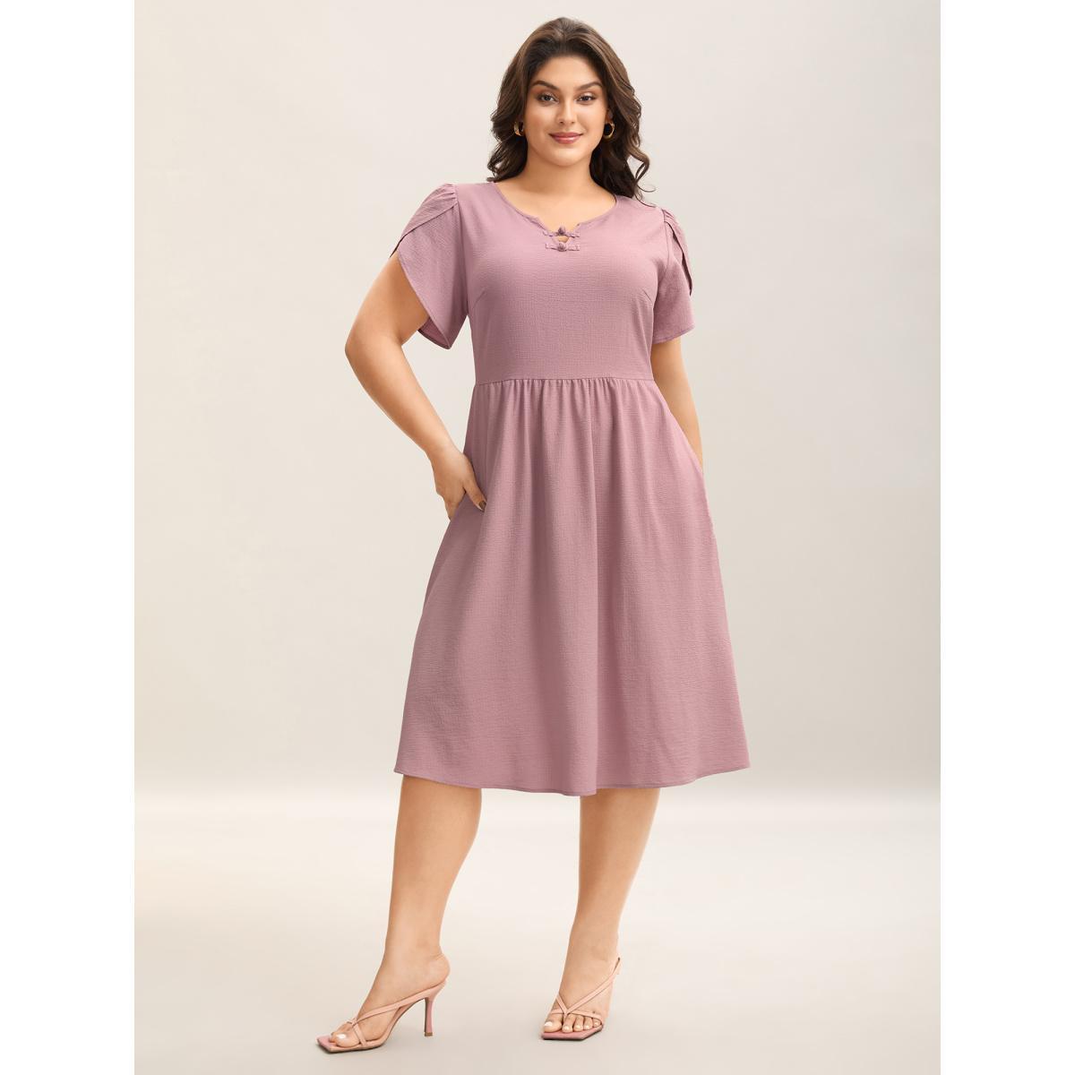 Plus Size Textured Split Neck Button Plain Midi Dress Heather Women Notched collar Short sleeve Curvy BloomChic 22-24/3X Product Image