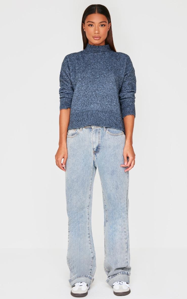  Charcoal Blue Luxe Knit High Neck Open Back Sweater Product Image