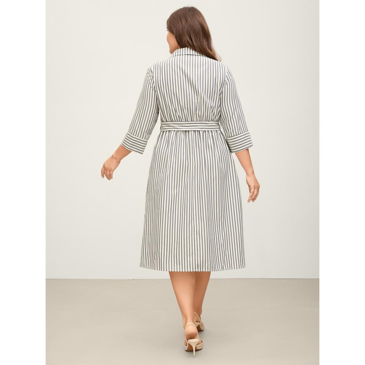 Plus Size Striped Waist Belt Midi Shirt Dress Indigo Women Belted Shirt collar Elbow-length sleeve Curvy BloomChic 18-20/2X Product Image