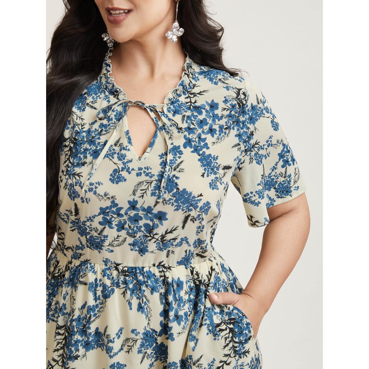 Plus Size In Full Bloom Notched Collar Pockets Midi Dress Skyblue Women Elegant Tie knot Notched collar Short sleeve Curvy BloomChic 18-20/2X Product Image