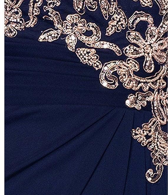 Betsy & Adam Sheer Matte Jersey Boat Neck Short Sleeve Beaded Back Cape Sheath Dress Product Image