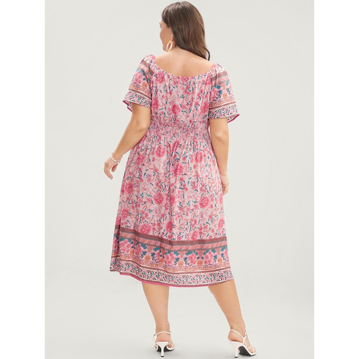 Plus Size Bandana Print Square Neck Pocket Ruffles Shirred Dress Pink Women Vacation Pocket Square Neck Short sleeve Curvy Knee Dress BloomChic 22-24/3X Product Image