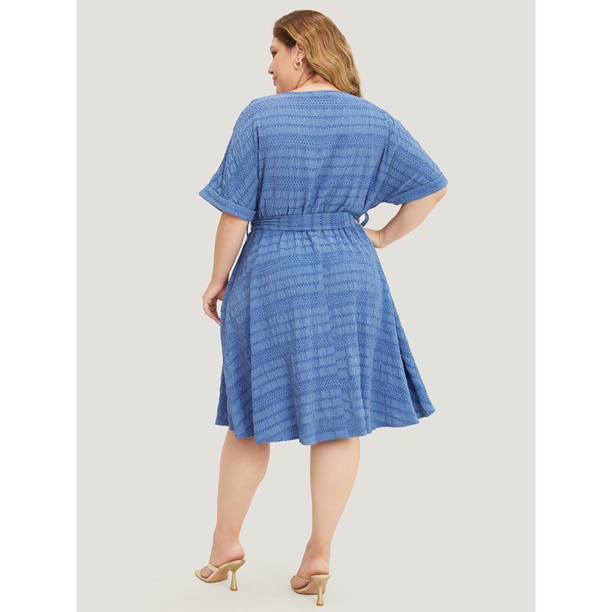 Plus Size Solid Textured Pocket Roll Batwing Sleeve Button Up Knee Dress Stone Women Office Cross straps V-neck Short sleeve Curvy Knee Dress BloomChic 22-24/3X Product Image