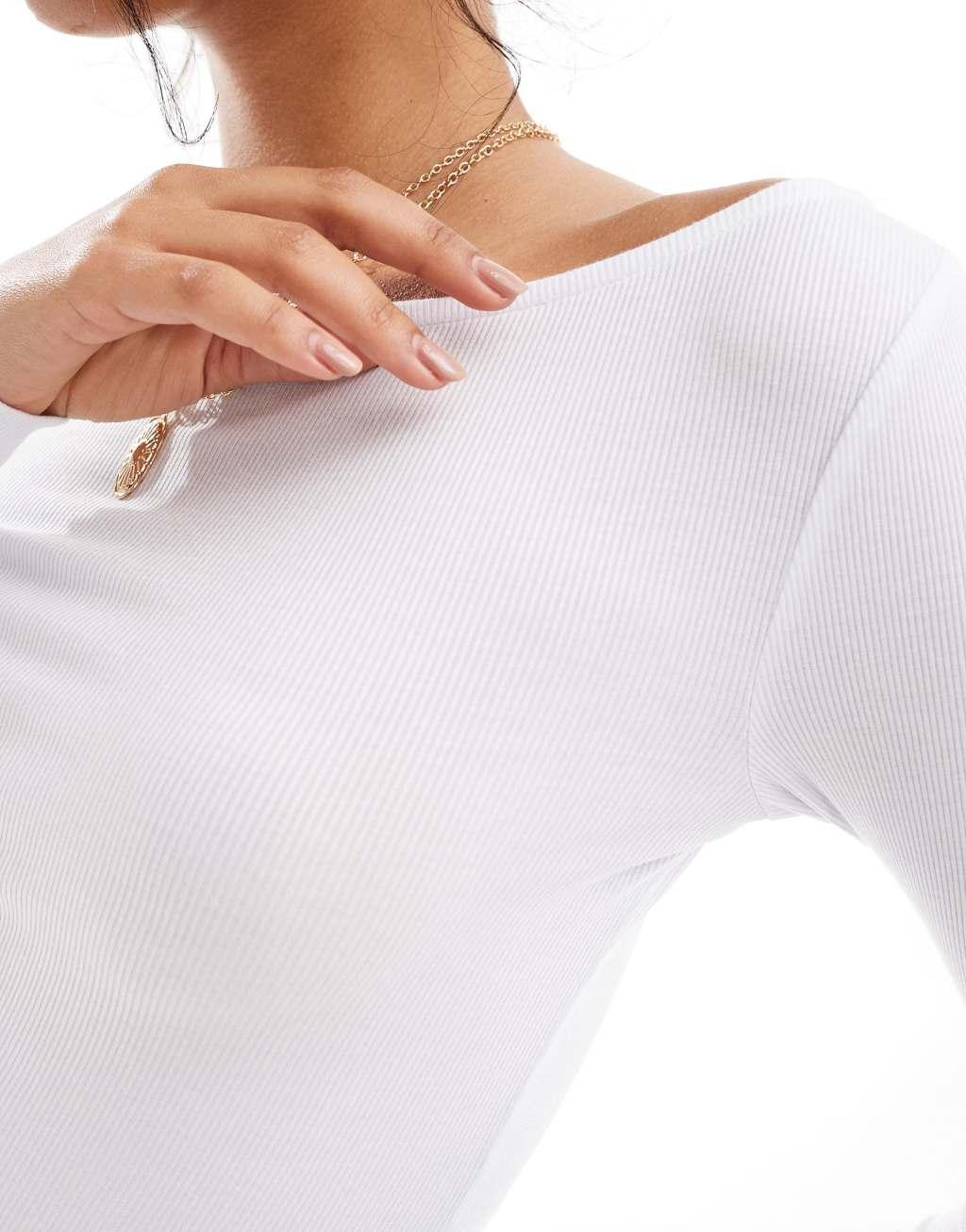 Cotton On boat neck long sleeve top in white Product Image