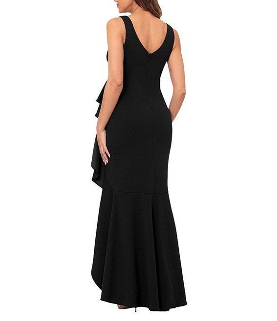 Betsy & Adam Petite Size Sleeveless V-Neck Spiral Ruffle Cascade Gown Product Image