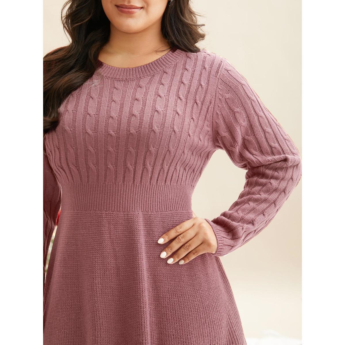 Plus Size Cable Knit Fit-and-Flare Midi Sweater Dress Beanpastepowder Women Elegant Bodycon Long Sleeve Everyday Sweater Dresses BloomChic 30/6X Product Image