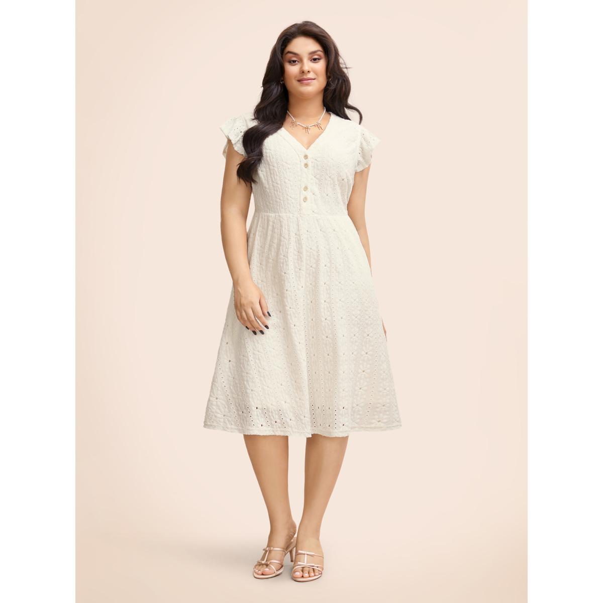 Plus Size Textured Button Detail Cap Sleeve Dress Ivory Women Elegant Texture V-neck Cap Sleeve Curvy BloomChic 26/4X Product Image