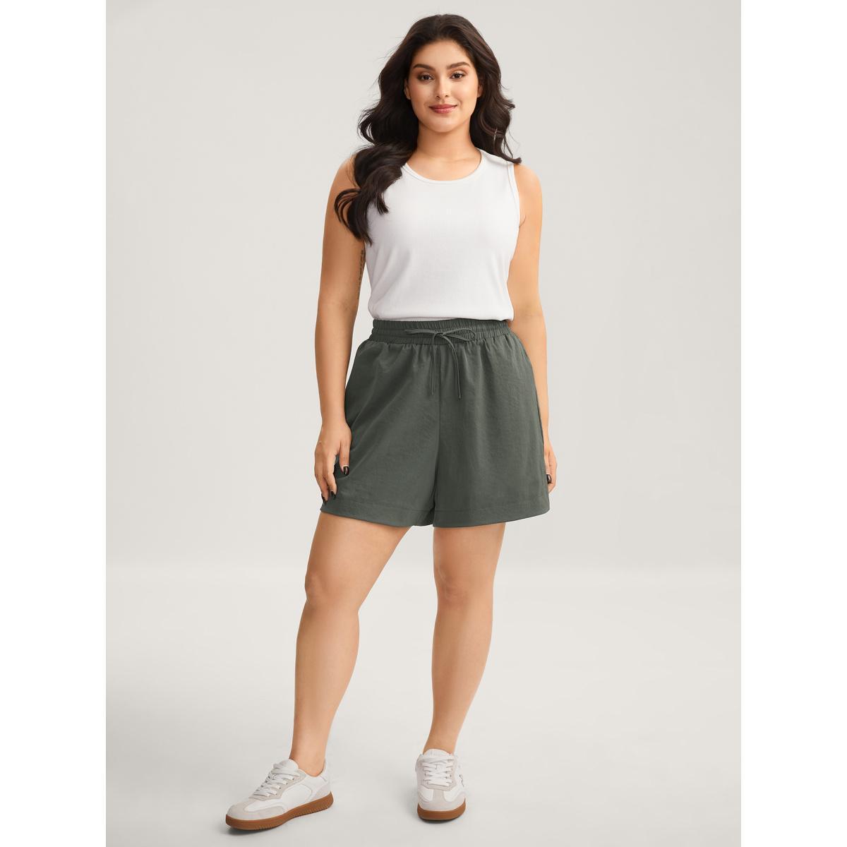 Plus Size Waist-Tie Solid Wide-Leg Shorts Women ArmyGreen Casual Drawstring Wide Leg Everyday-Casual Shorts BloomChic 12/L Product Image