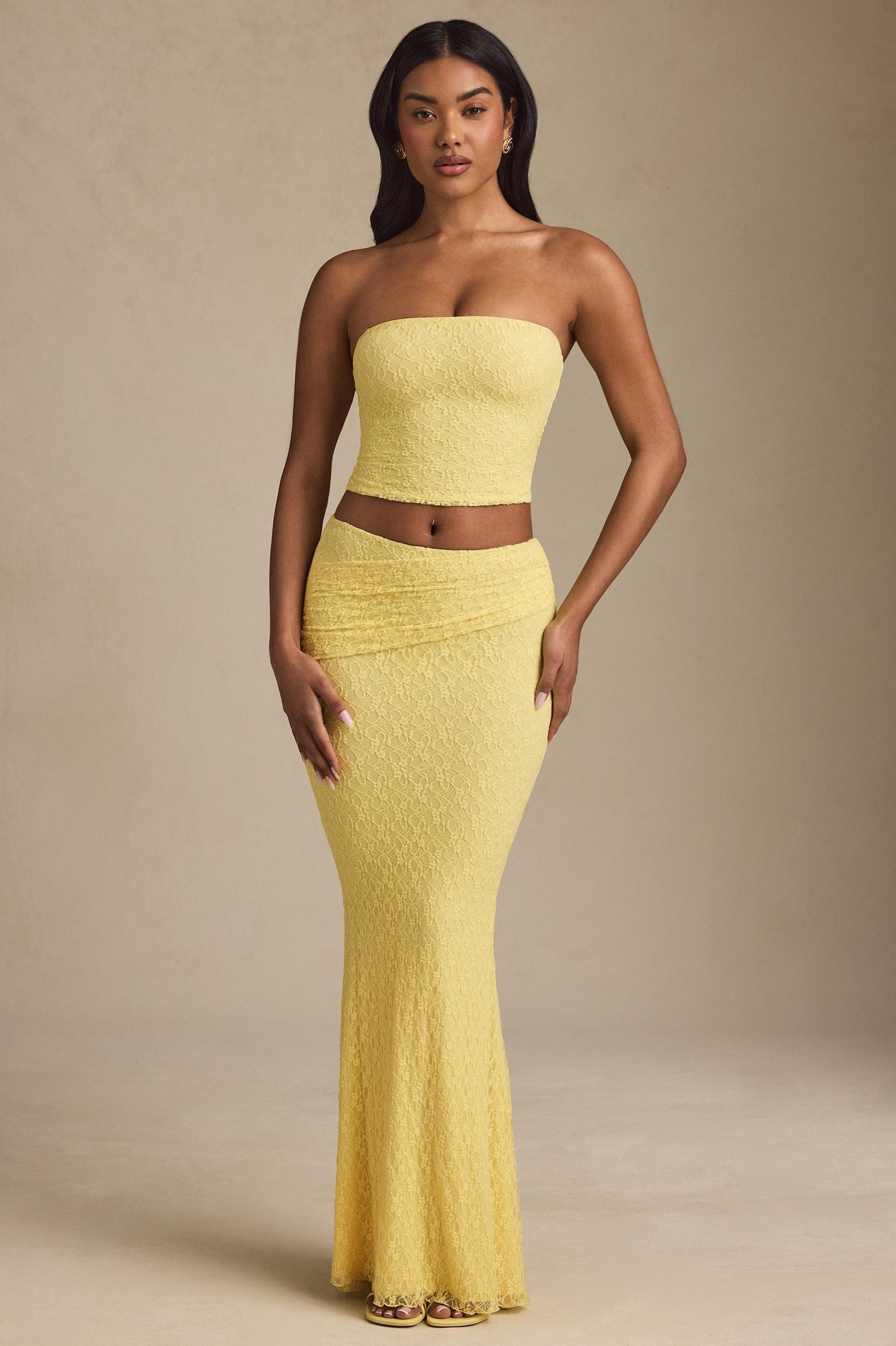 Draped Low-Rise Lace Maxi Skirt in Pastel Yellow Product Image