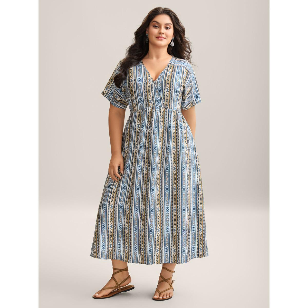 Plus Size Boho Stripes Rayon Pockets Maxi Dress Stone Women Overlap Collar Short sleeve Curvy BloomChic 14-16/1X Product Image