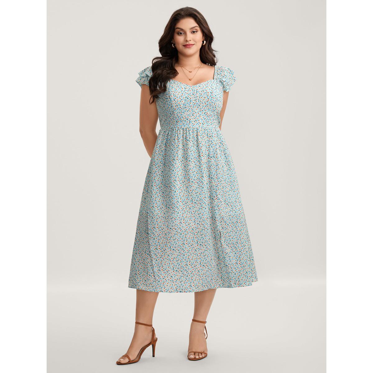 Plus Size Ditsy Floral Print Layered Ruffle Midi Dress Skyblue Women Slit Heart neckline Cap Sleeve Curvy BloomChic 22-24/3X Product Image