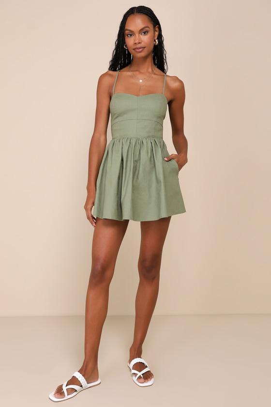Sweet Existence Olive Green Linen Lace-Up Skort Romper Product Image