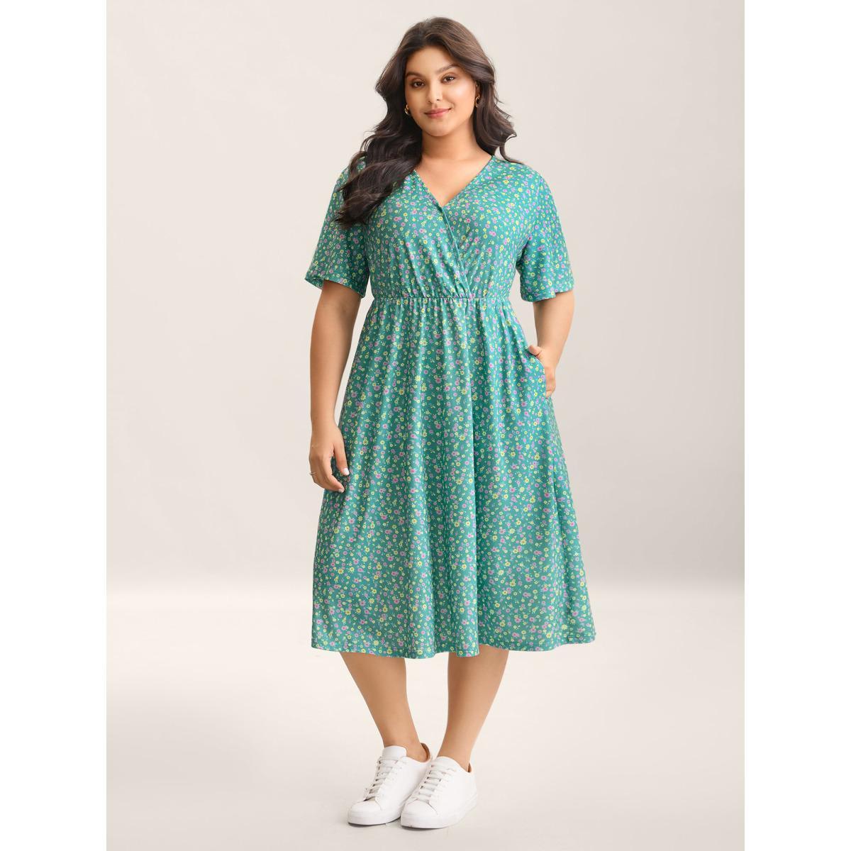 Plus Size Floral Print Surplice Neck Midi Dress Mint Women Overlap Collar Short sleeve Curvy BloomChic 14-16/1X Product Image
