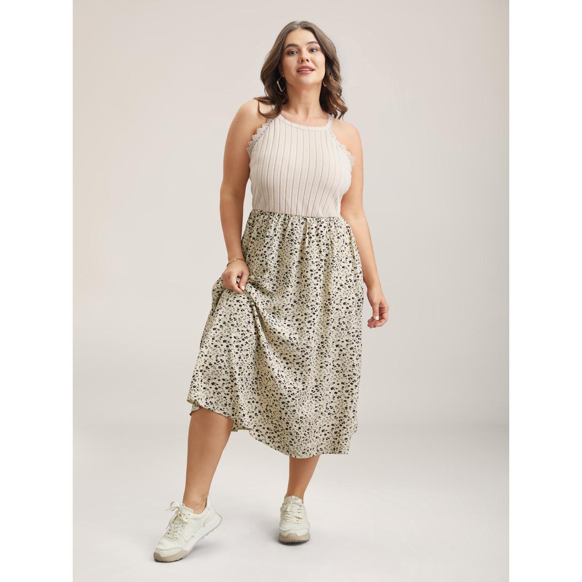 Plus Size Ditsy Floral Print Ribbed Midi Dress Beige Women Casual Woven ribbon&lace trim Knit Dresses Bloomchic 28/5X Product Image