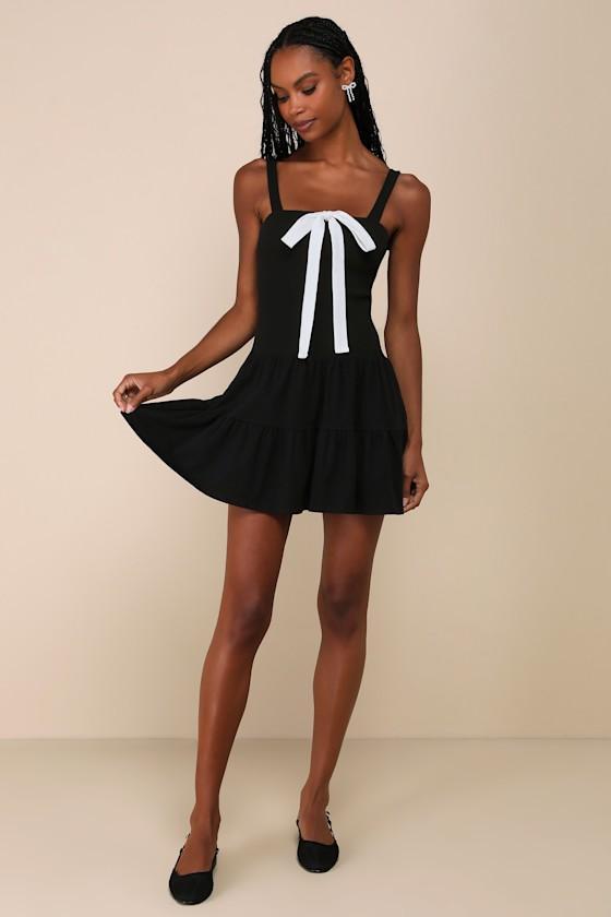 Flirty Edge Black Ribbed Bow Tiered Mini Dress Product Image