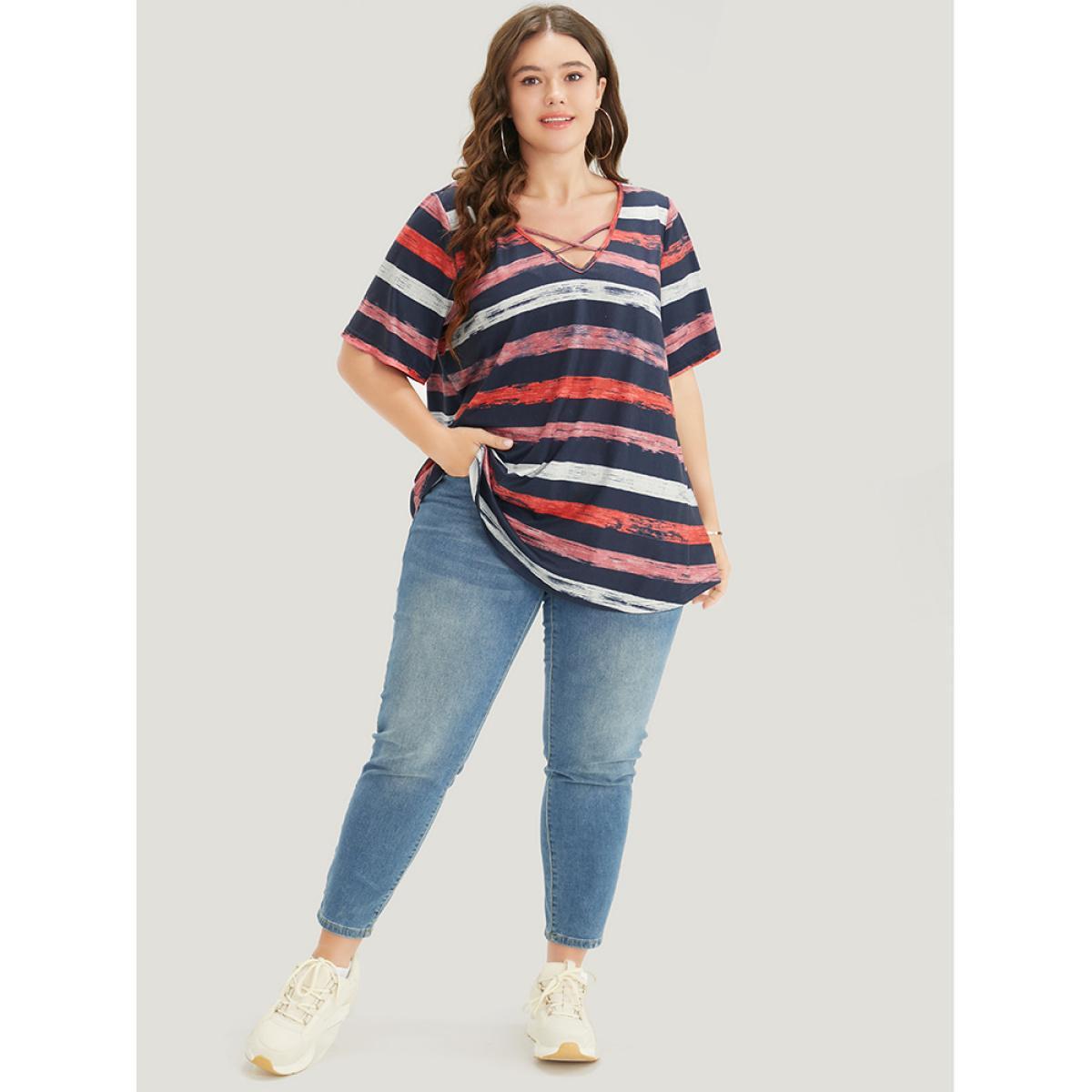 Plus Size Striped Contrast Crisscross Neck T-shirt Midnight Women Casual Striped V-neck Dailywear T-shirts BloomChic 28/5X Product Image