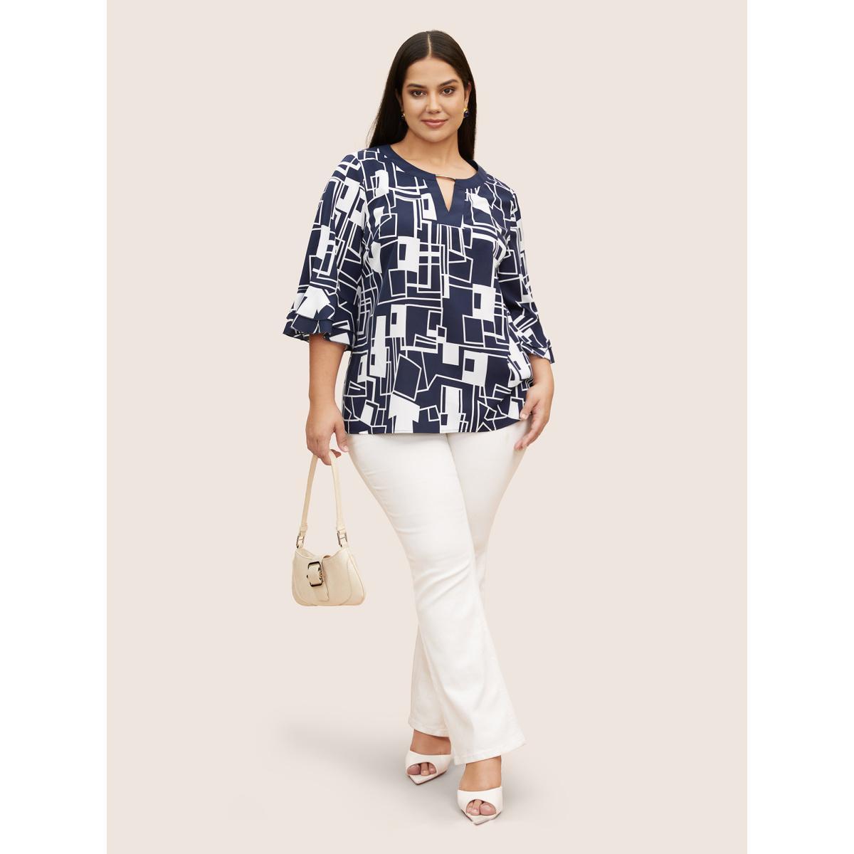 Plus Size Indigo Geometric Keyhole Ruffles Metal Detail Blouse Women At the Office Elbow-length sleeve Round Neck Work Blouses BloomChic 28/5X Product Image