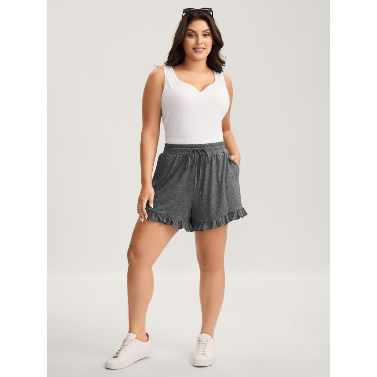 Plus Size Supersoft Mixed Color Knit Drawstring Ruffled Shorts Women DimGray Casual Drawstring Wide Leg Everyday-Casual Shorts BloomChic 14-16/1X Product Image
