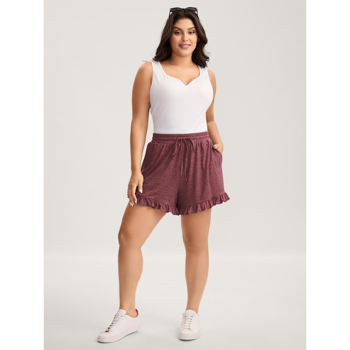 Plus Size Supersoft Mixed Color Knit Drawstring Ruffled Shorts Women ArmyGreen Casual Drawstring Wide Leg Everyday-Casual Shorts BloomChic 26/4X Product Image