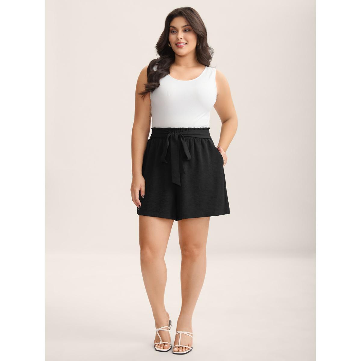 Plus Size Belted Wide-Leg Solid Shorts Women Black Elegant Tie knot Wide Leg Everyday-Elegant Shorts BloomChic 18-20/2X Product Image