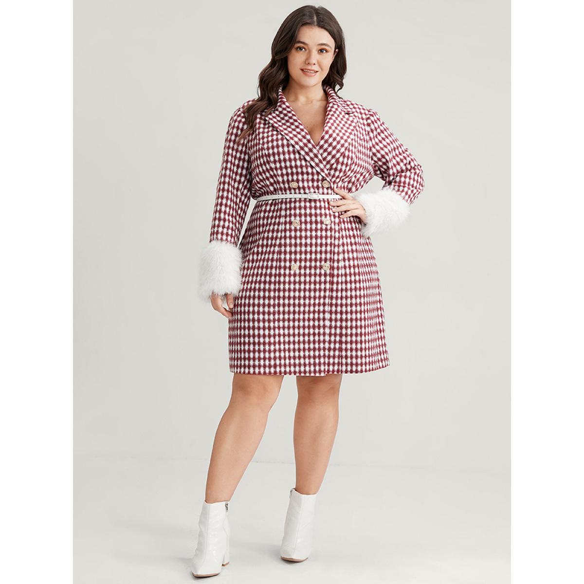 Plus Size Gingham Fuzzy Trim Button Front Blazer Scarlet Women Dailywear Gingham Button Sleeve Long Sleeve Suit Collar 18-20/2X Elegant Blazers BloomChic Product Image