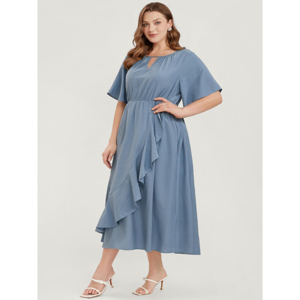 Plus Size Solid Keyhole Round Neck Pocket Ruffle Trim Rib Knit Dress Stone Women Elegant Cut-Out V-neck Short sleeve Curvy Midi Dress BloomChic 14-16/1X Product Image